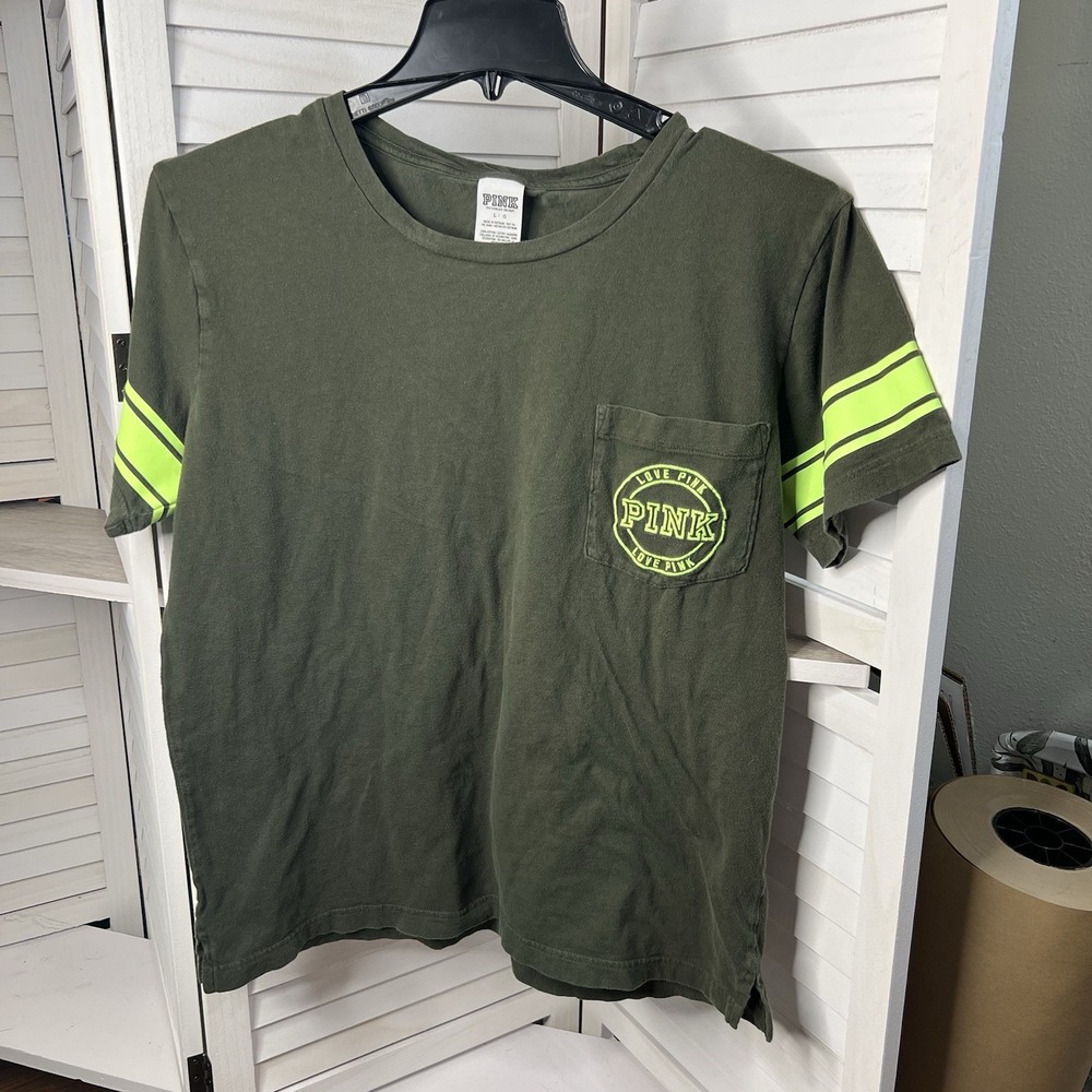 PINK Victoria's Secret Women's Lg Army Green Pocketed T Shirt W/ Lime Green HTF